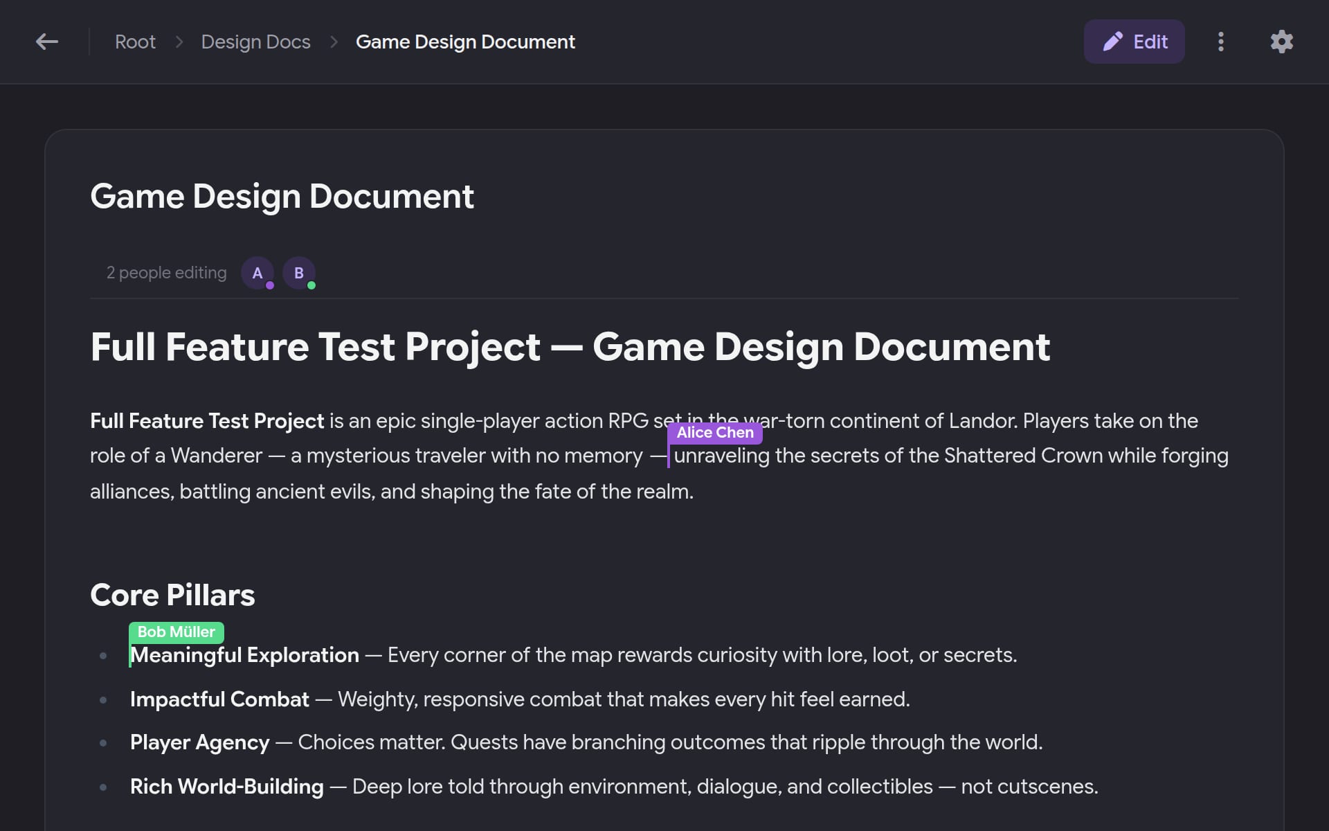 A SpineWorks design document with a teammate editing alongside.