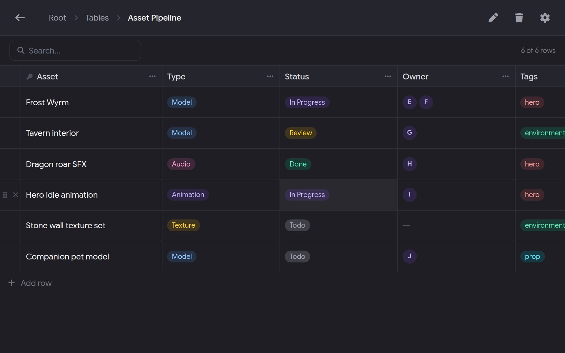 A SpineWorks table with typed columns for an asset pipeline.