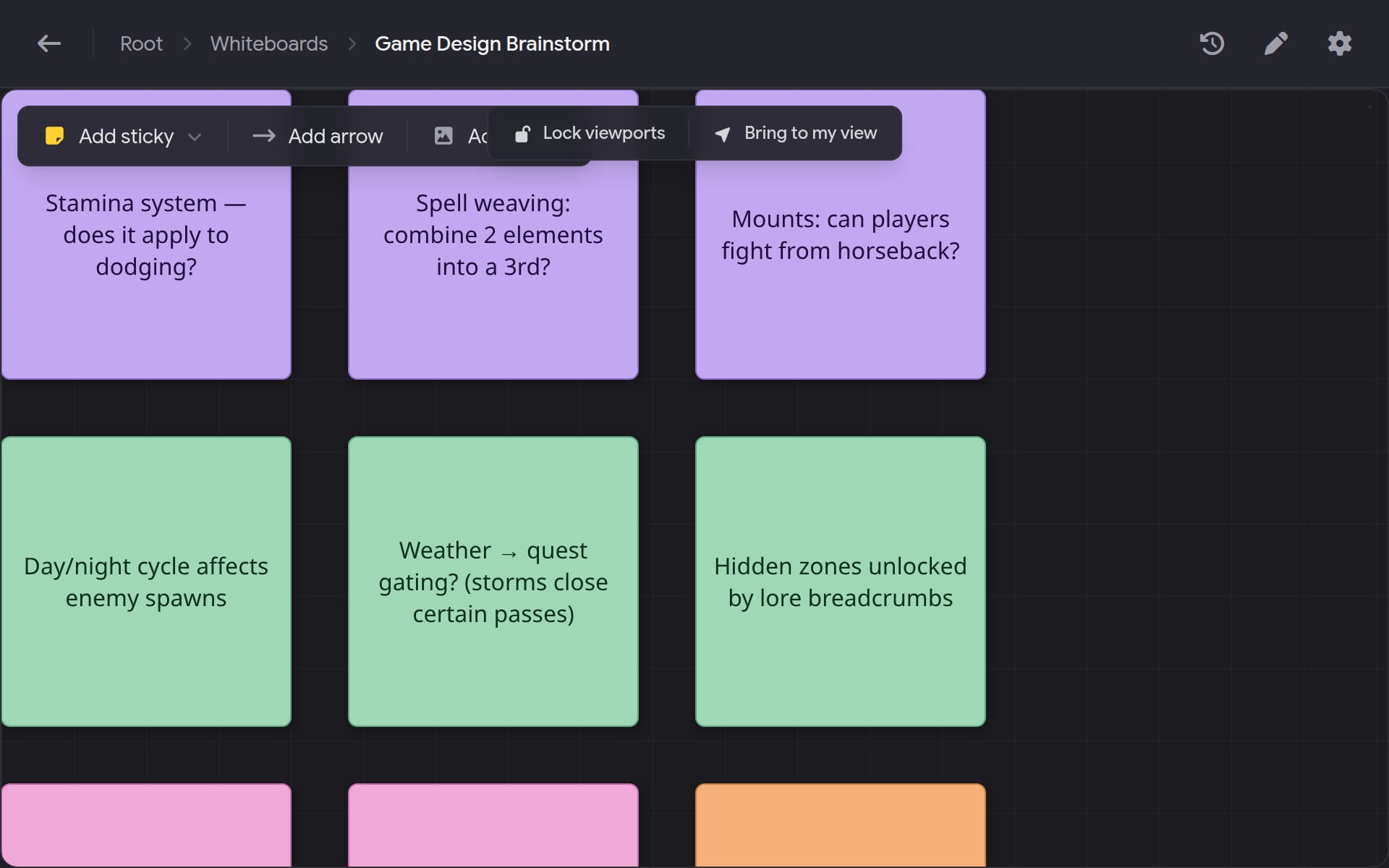 A whiteboard with colorful sticky notes for game-design brainstorming.