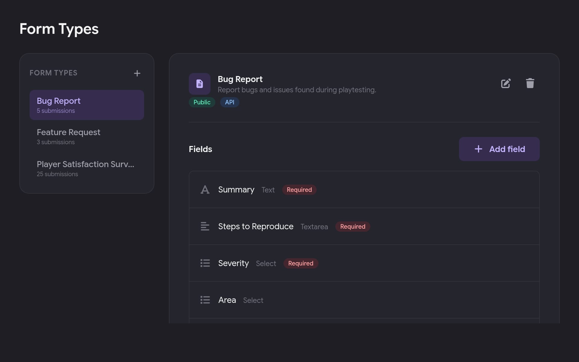 Form builder showing fields configured for a bug report.