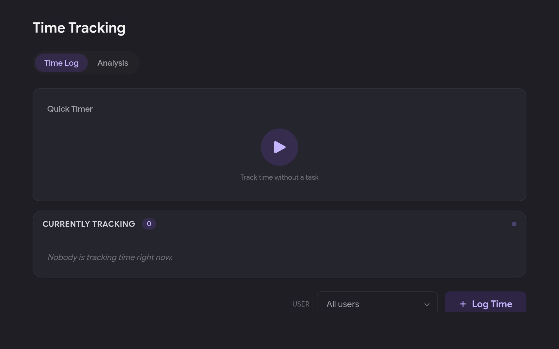 Time tracking entries listed with user, duration, and note.