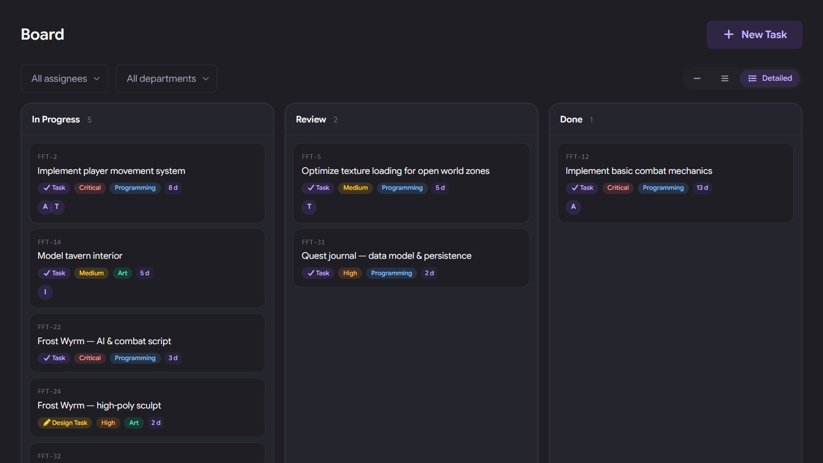 SpineWorks task board with cards across In Progress, Review, and Done columns.